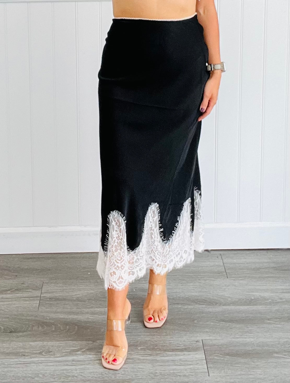 Black Satin Lace Trim Midi Skirt (Reg)