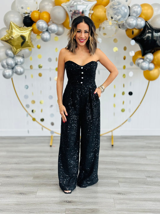 Black Sequin Strapless Jumpsuit (Reg)