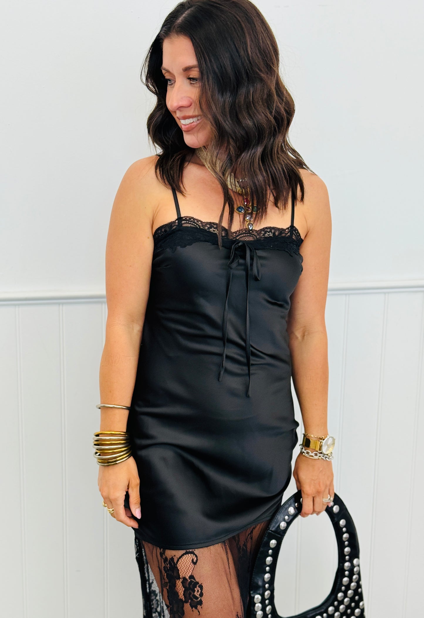 Black Satin & Lace Semi Sheer Maxi Dress (Reg.)