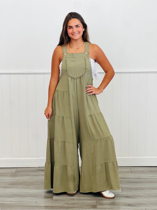 Olive Airflow Wide Leg Overall Jumpsuit (Reg. and Plus)