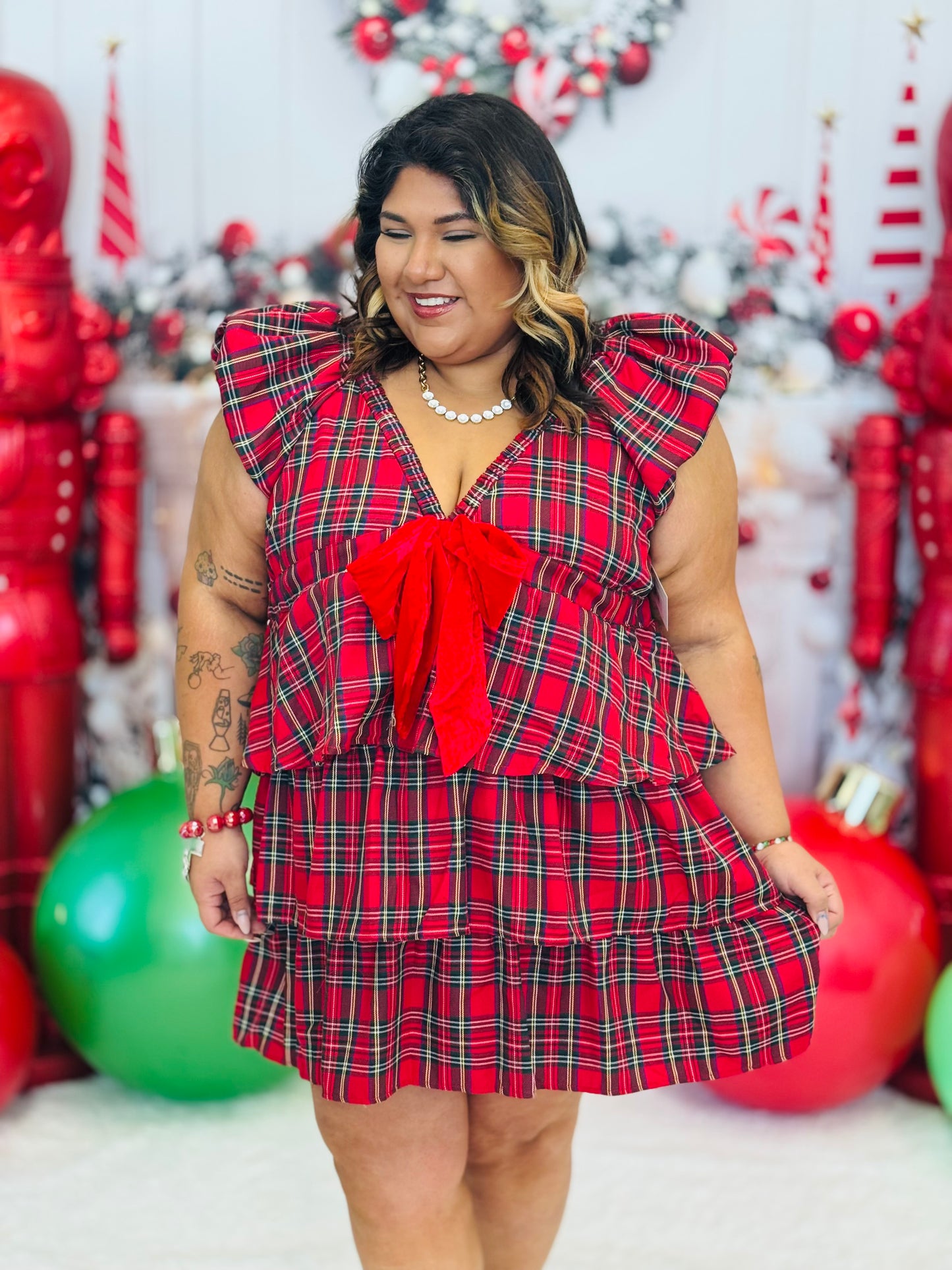Red Plaid Velvet Bow Mini Dress (Reg. and Plus)