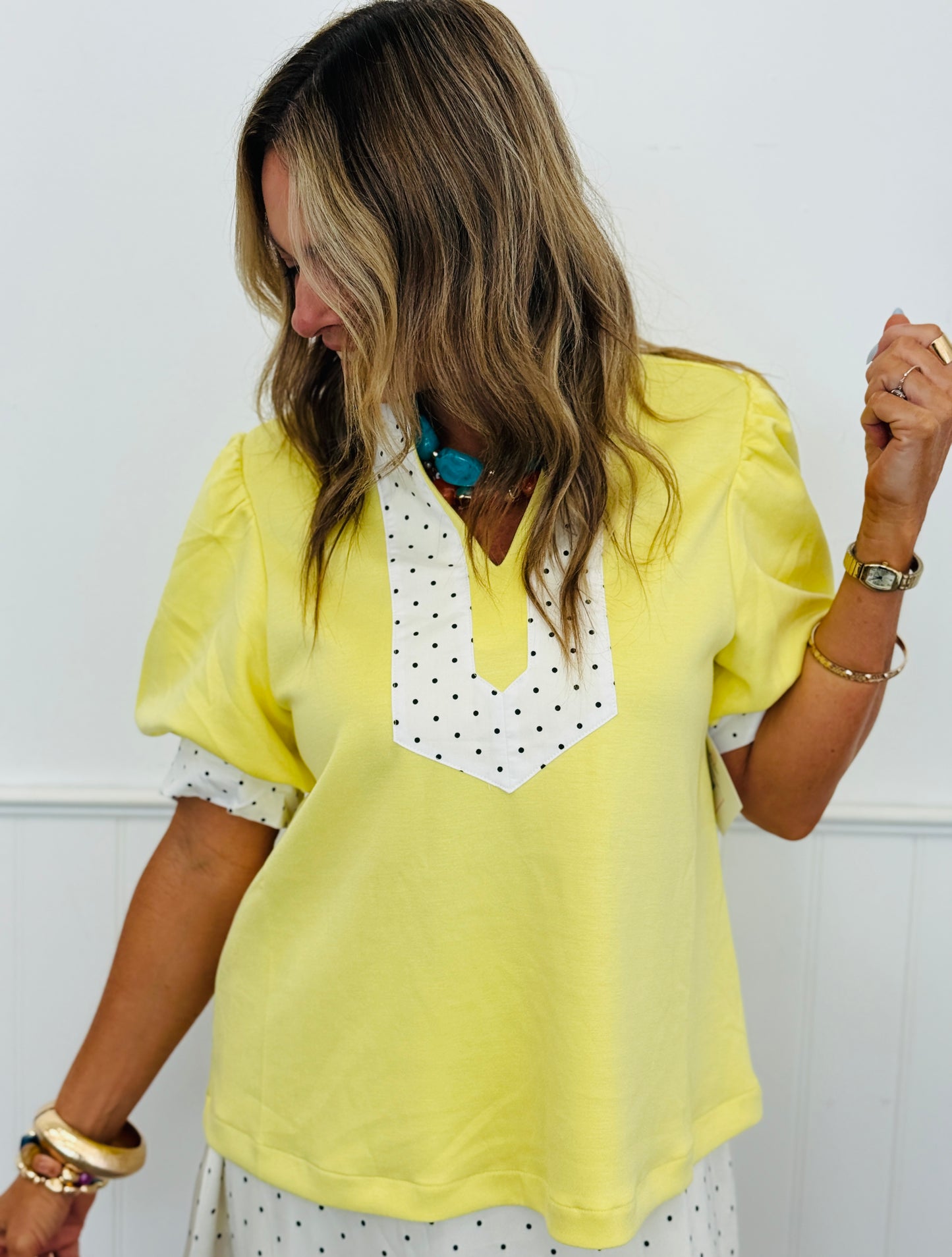 Tiny Dot Contrast Puff Sleeve Top (Reg.) - 2 Colors