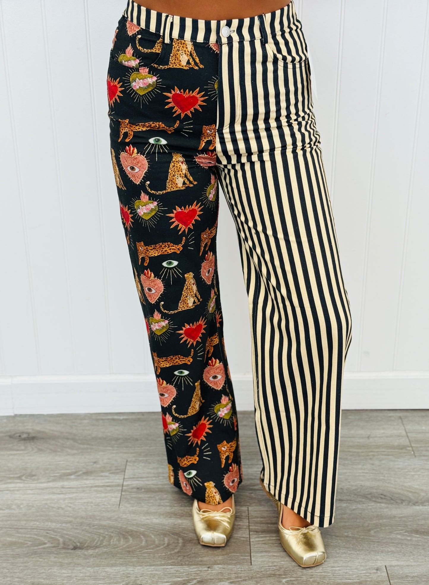 Split Decision Black/Beige Printed Stripe Pants (Reg & Plus)