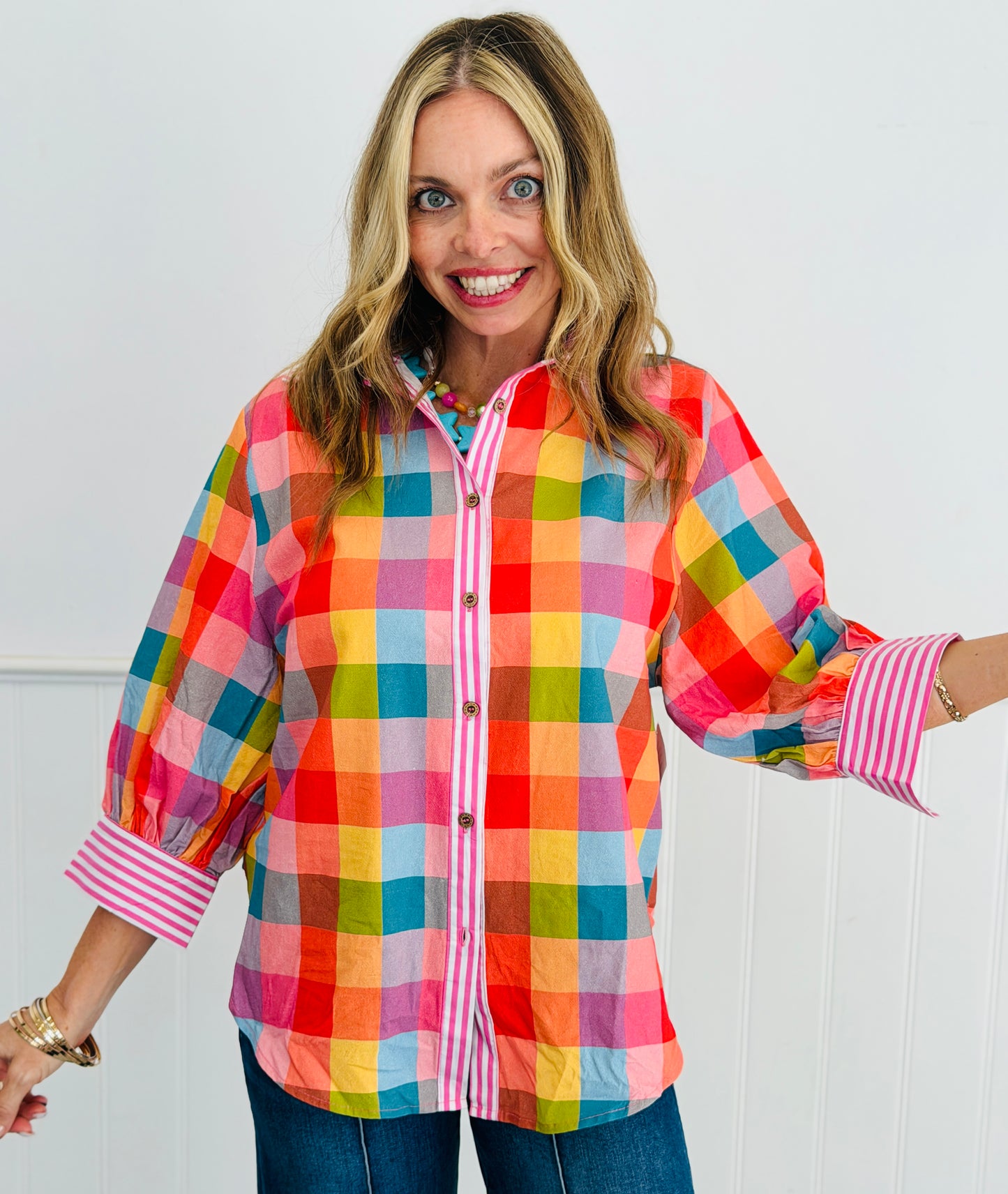 Colorful Contrast Stripe Blouse (Reg.)