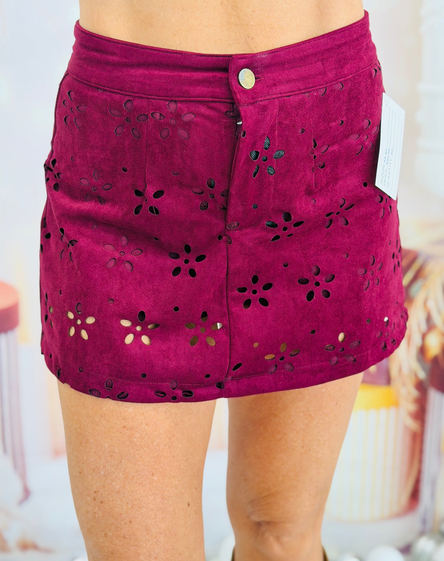 Wine Laser Cut Floral Suede Skort (Reg & Plus)