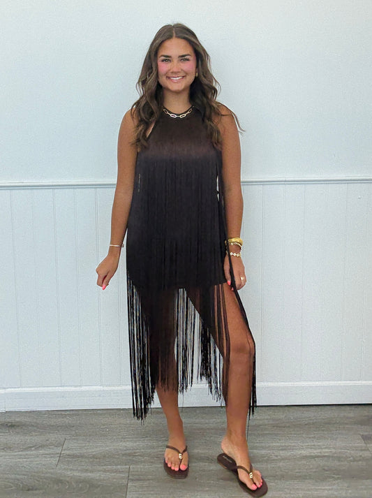 Brown Fringe Sleeveless Mini Dress (Reg.)