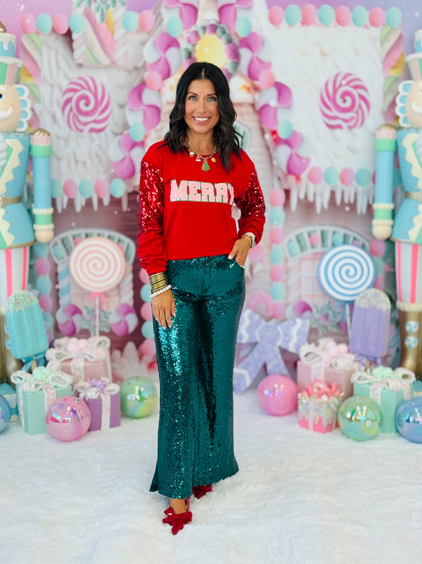 Red Merry Sequin Sleeve Sweatshirt (Reg. and Plus)