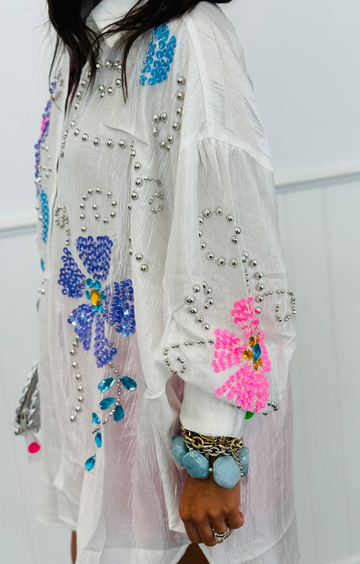 White Beaded Sequin Button Up Blouse (Reg.)