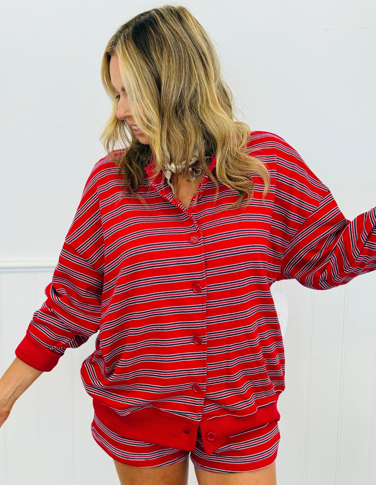 Red/Navy Stripe Button Up Jacket (Reg.)
