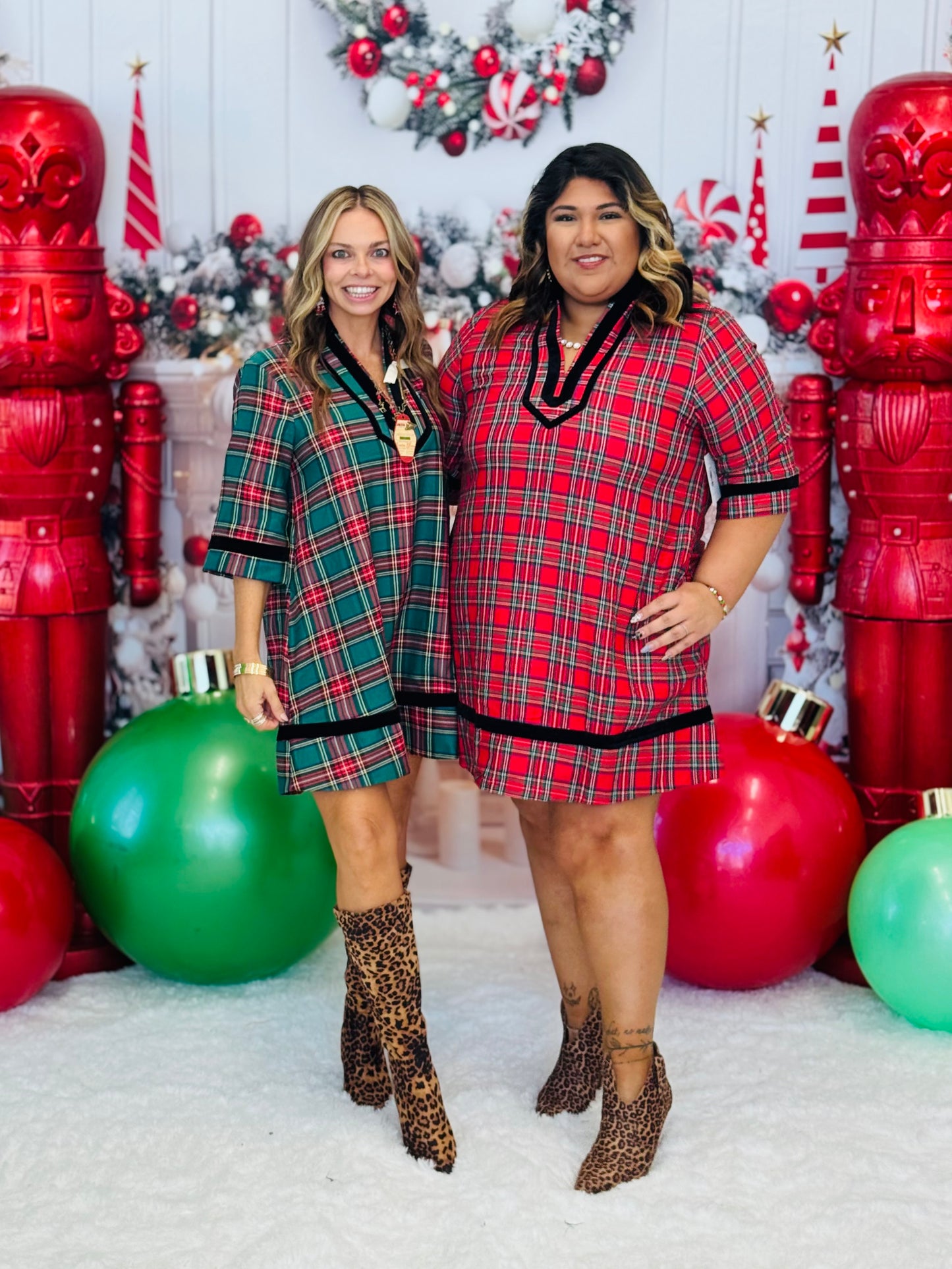 Red Plaid Velvet Trim Mini Dress (Reg & Plus)