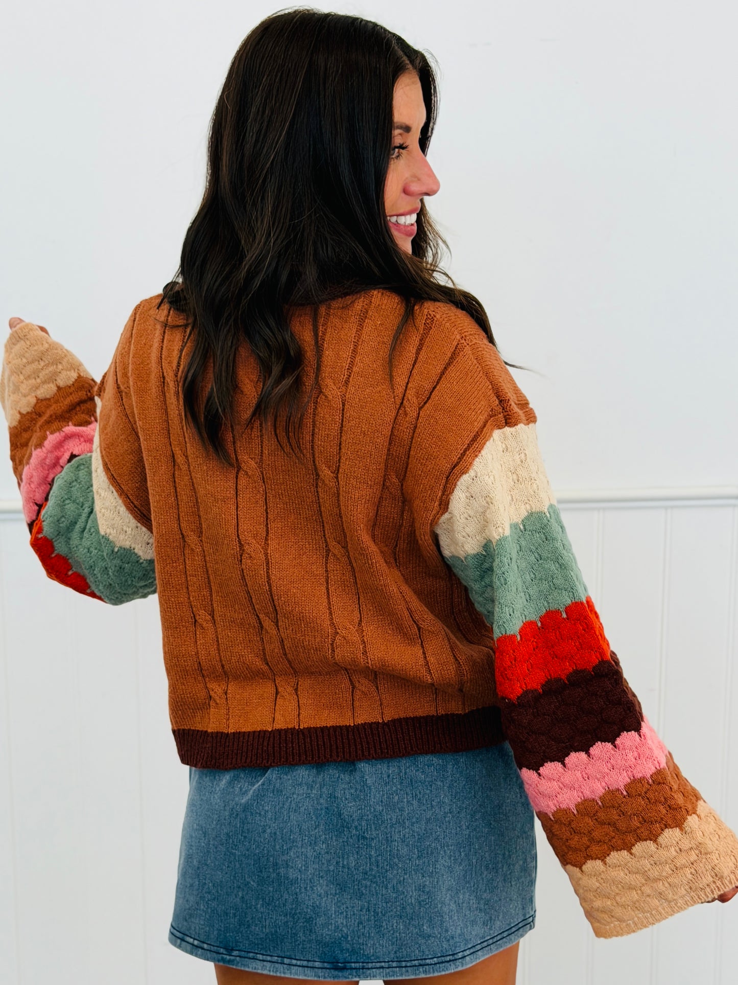 Brown Multi Rainbow Bubble Sleeve Sweater Top (Reg & Plus)