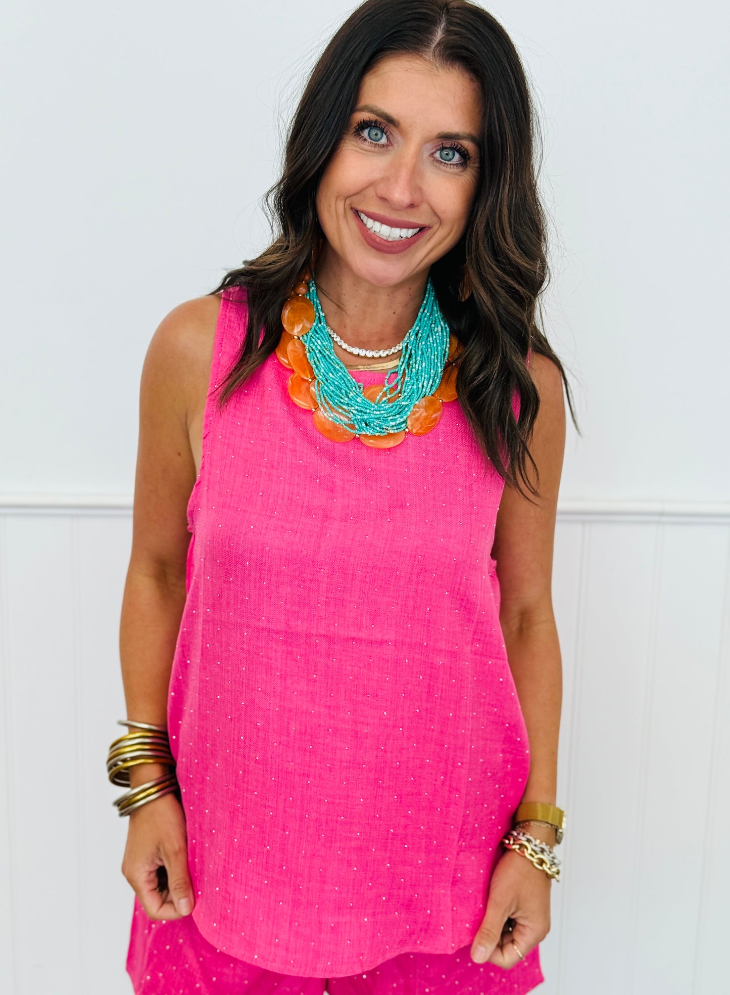Hot Pink Rhinestone Sleeveless Blouse (Reg. and Plus)
