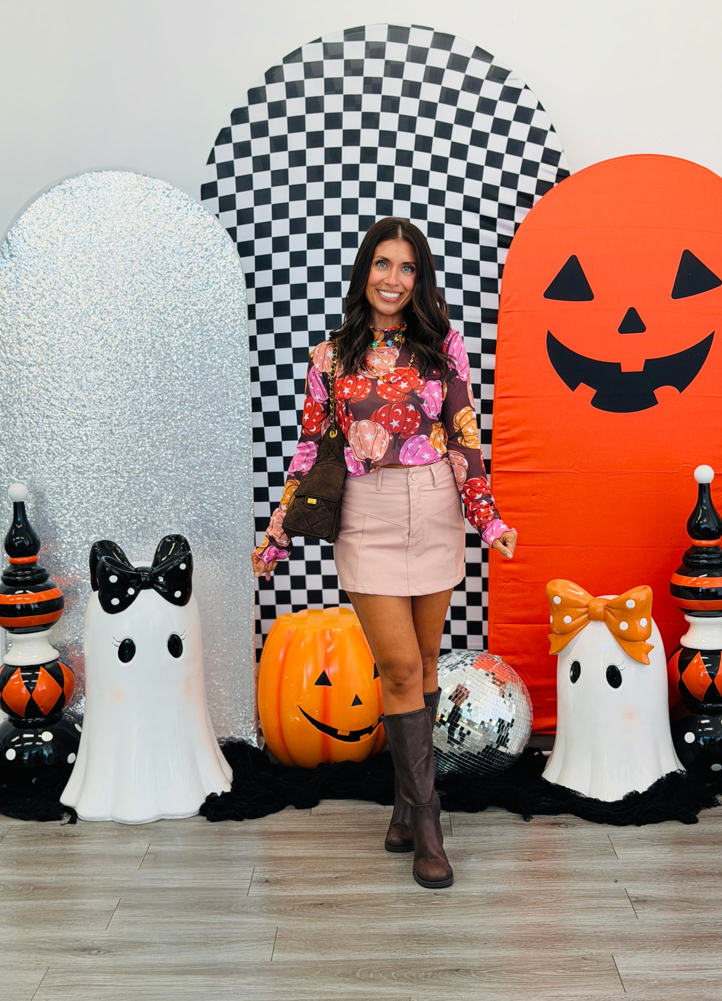 Pumpkin Stars & Moon Print LS Mesh Top (Reg. and Plus)