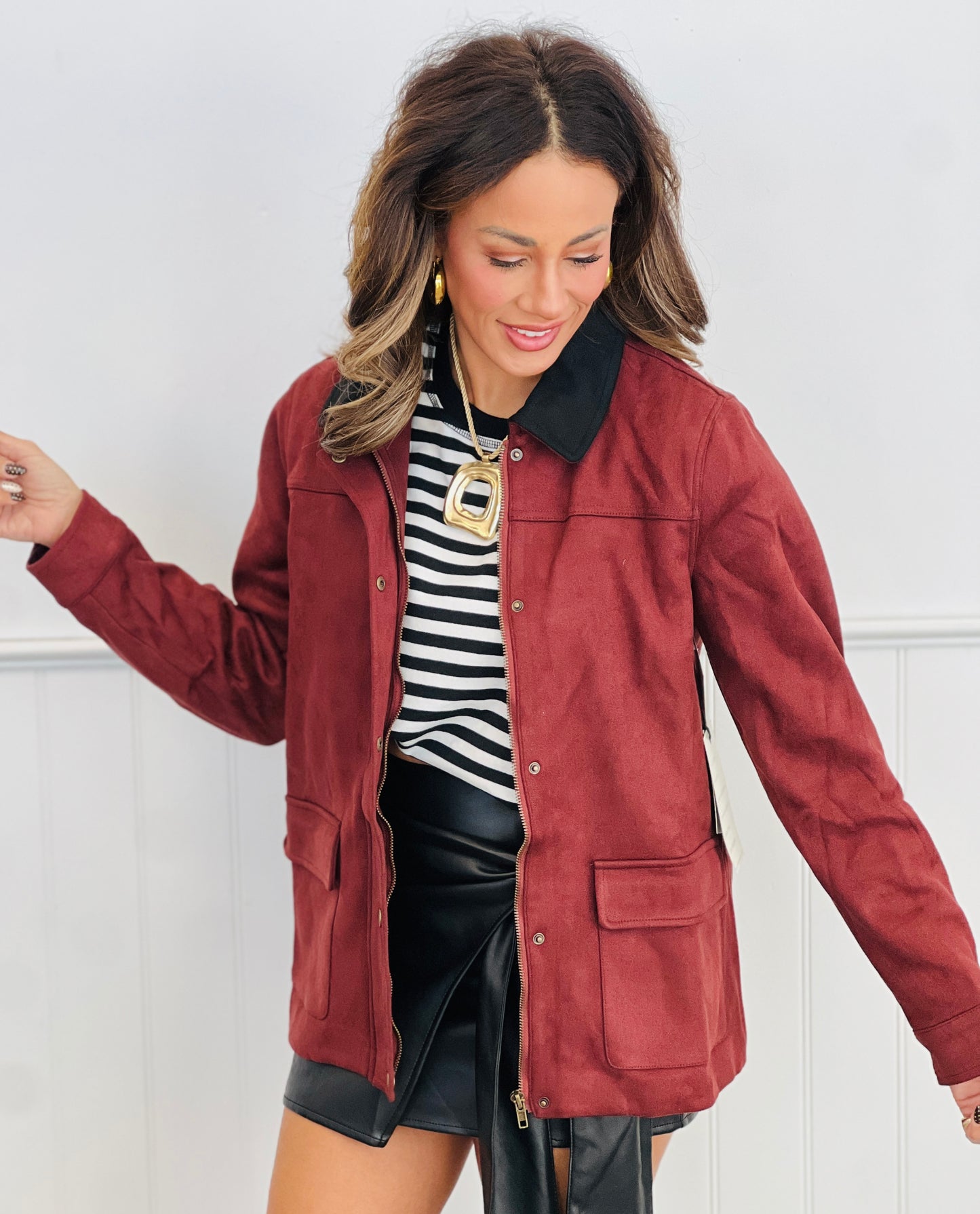 Burgundy/Black Suede Contrast Collar Jacket (Reg.)