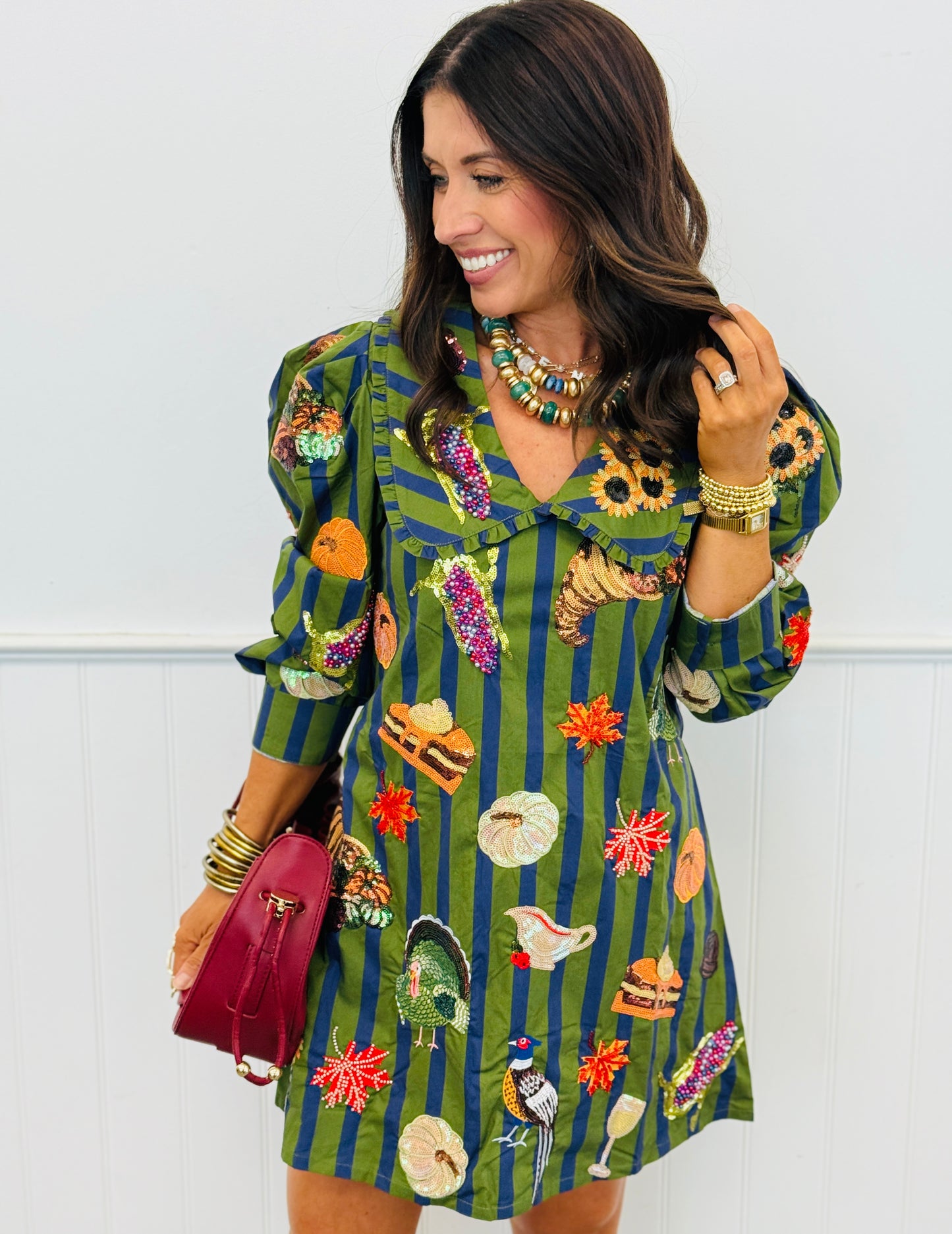Queen Of Sparkles Dk Green/Blue Striped Thanksgiving Icon Dress (Reg. and Plus)