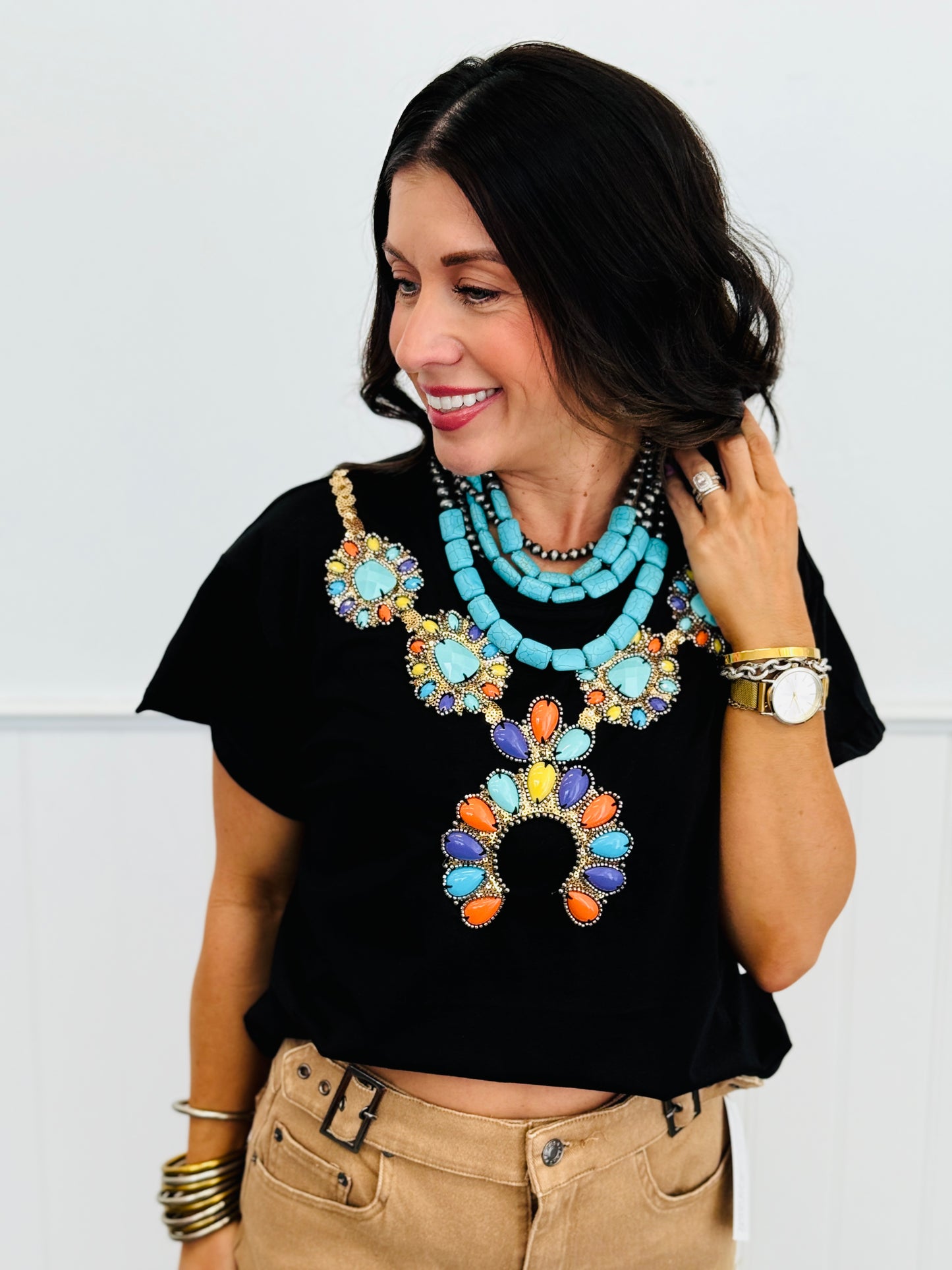 Queen Of Sparkles Black Multi Turquoise Necklace Tee (Reg. and Plus)