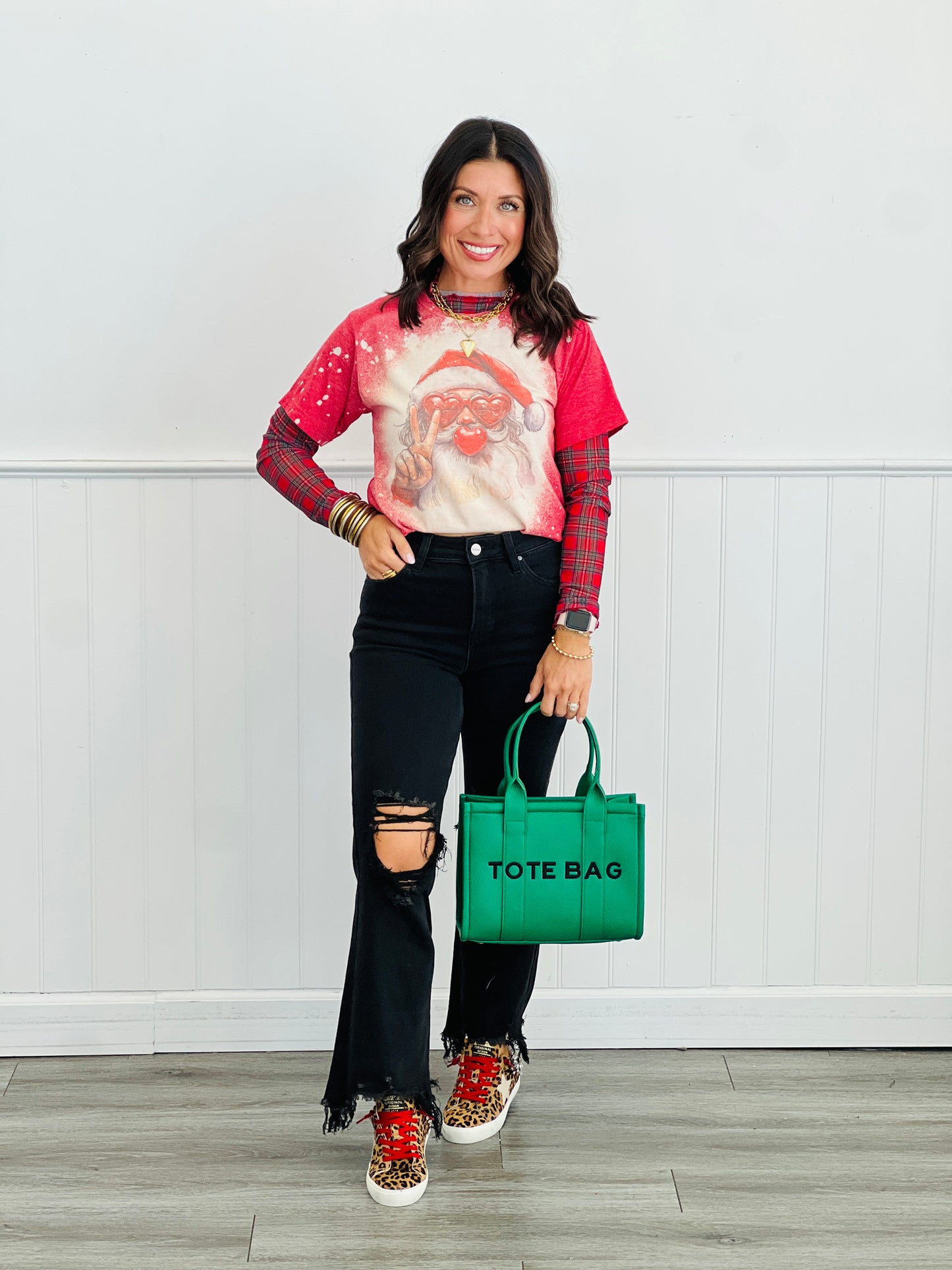 Red Plaid Long Sleeve Mesh Top (Reg. and Plus)