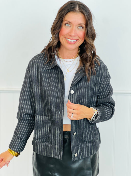 Black Denim Striped Boxy Jacket (Reg.)