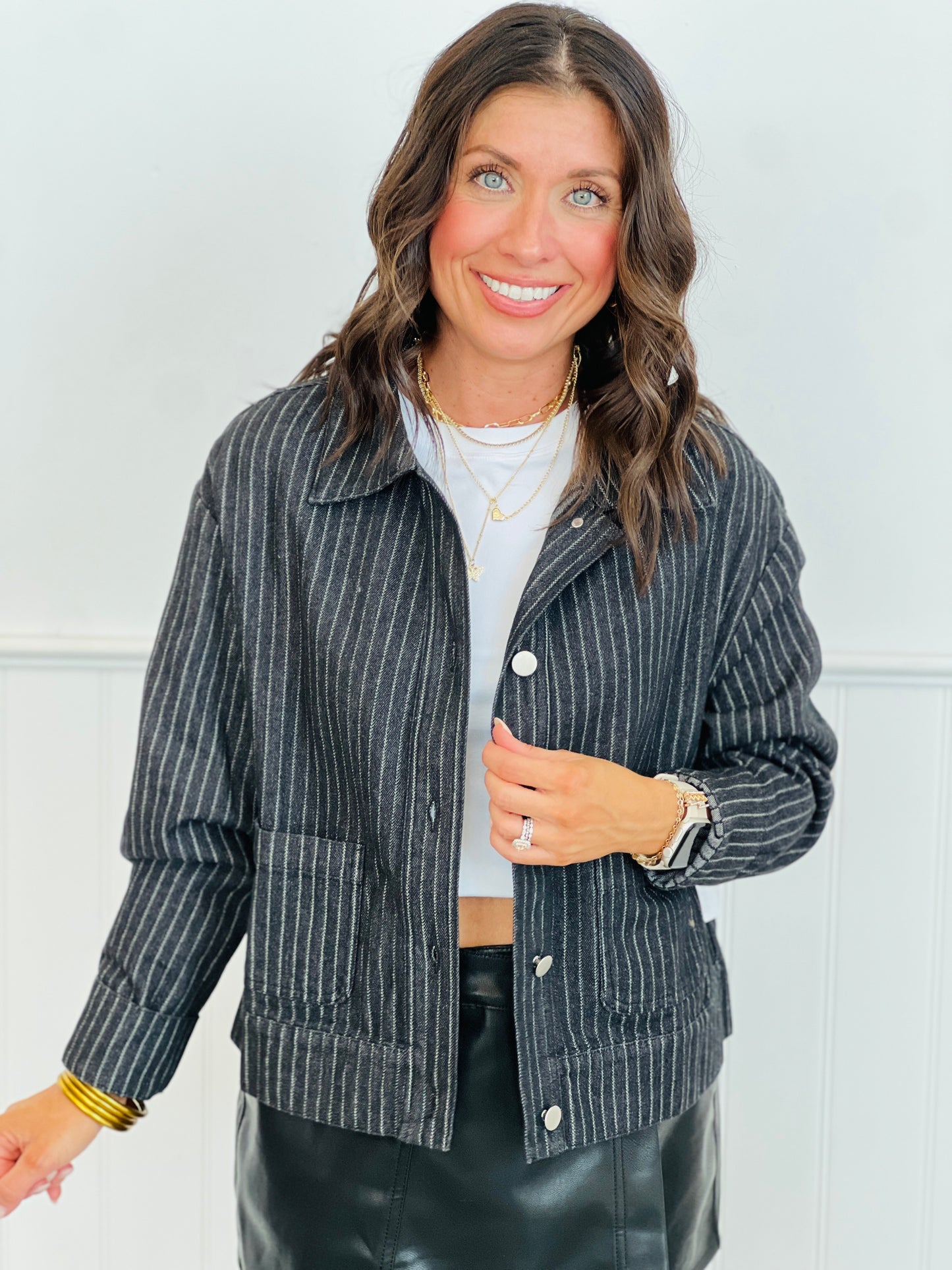 Black Denim Striped Boxy Jacket (Reg.)