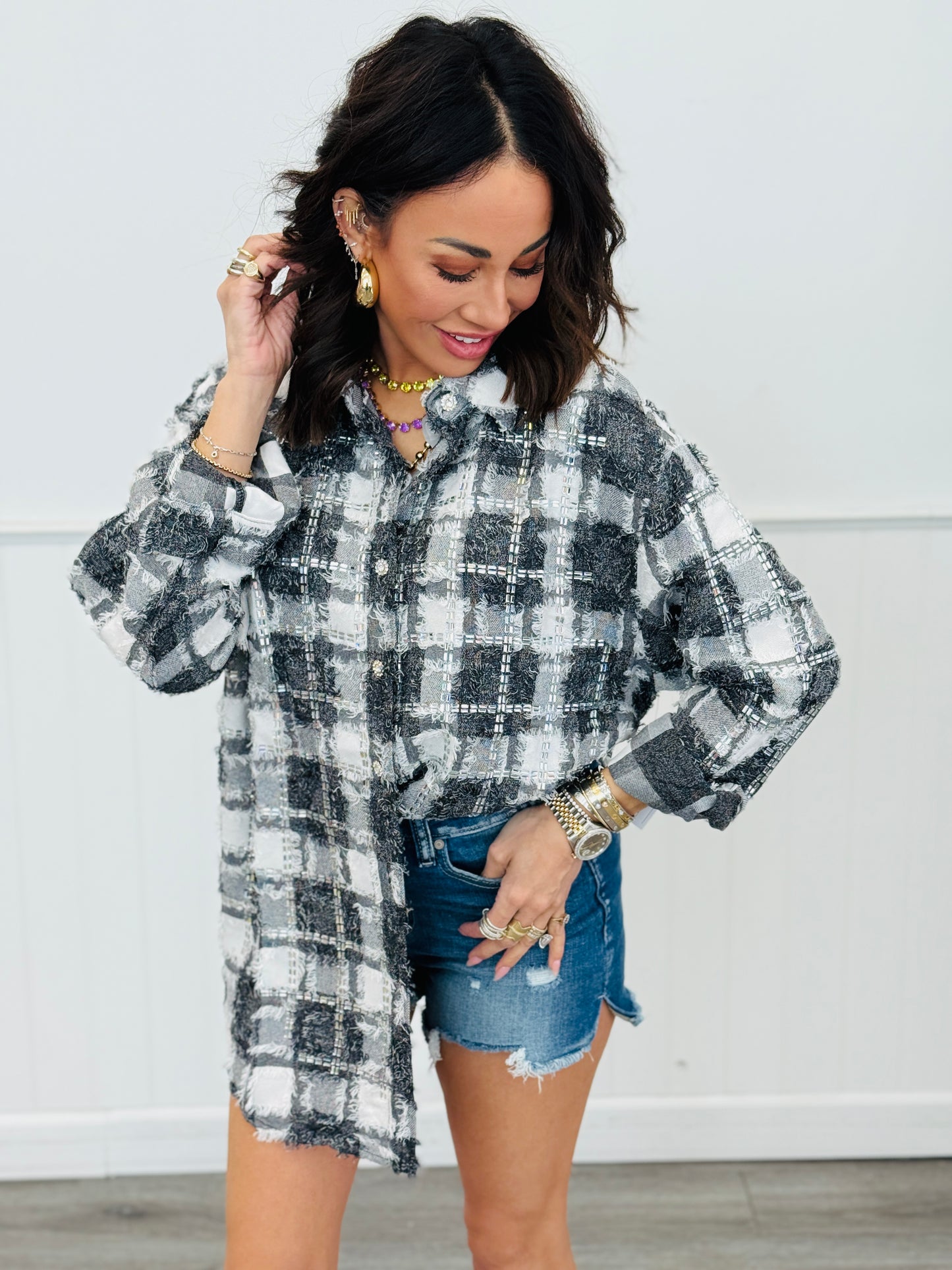 Black/White Rhinestone Embellished Button Up Top (One Size)