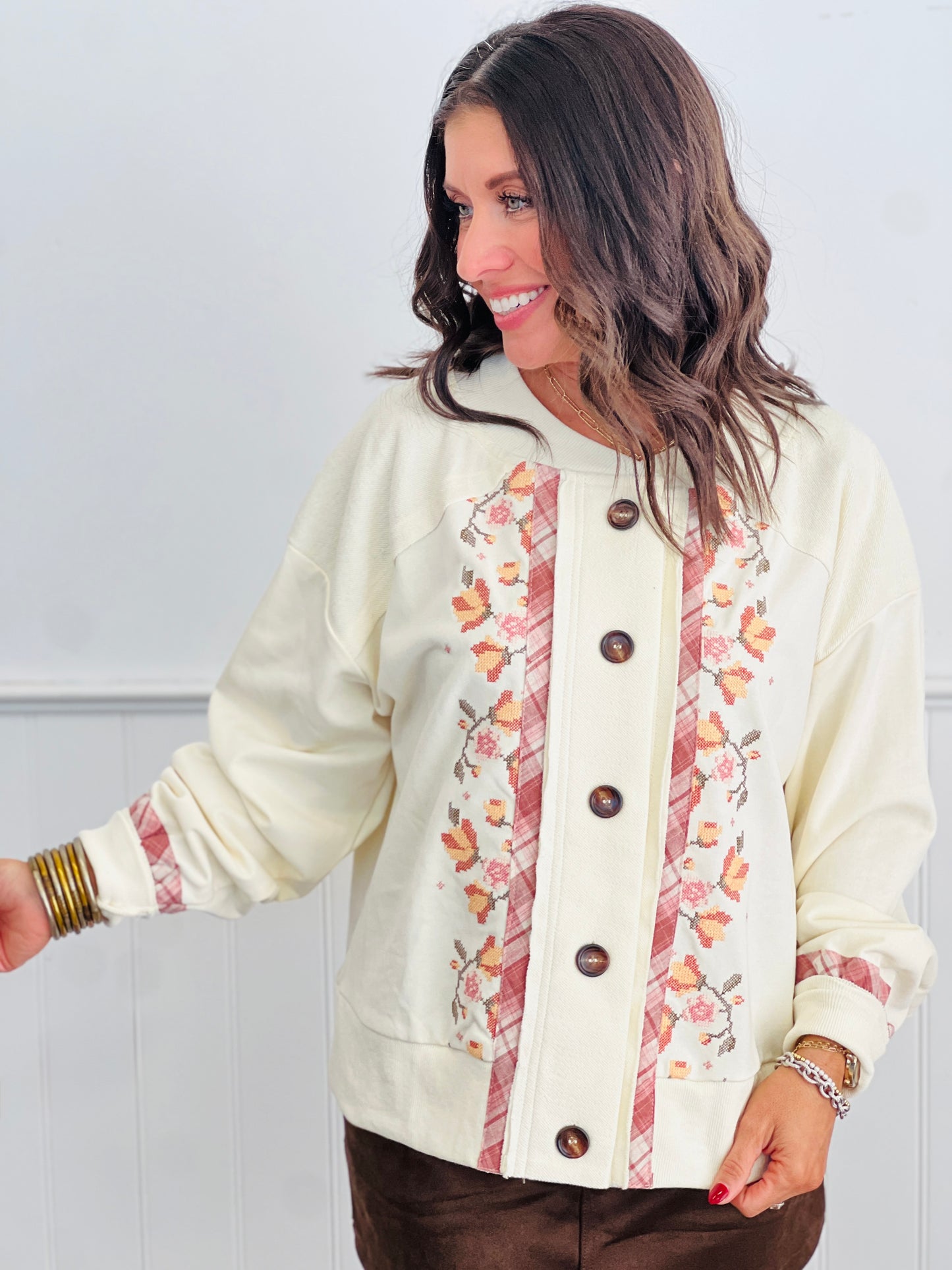 Floral Panel Button Up Cardigan (Reg. and Plus) - 2 Colors