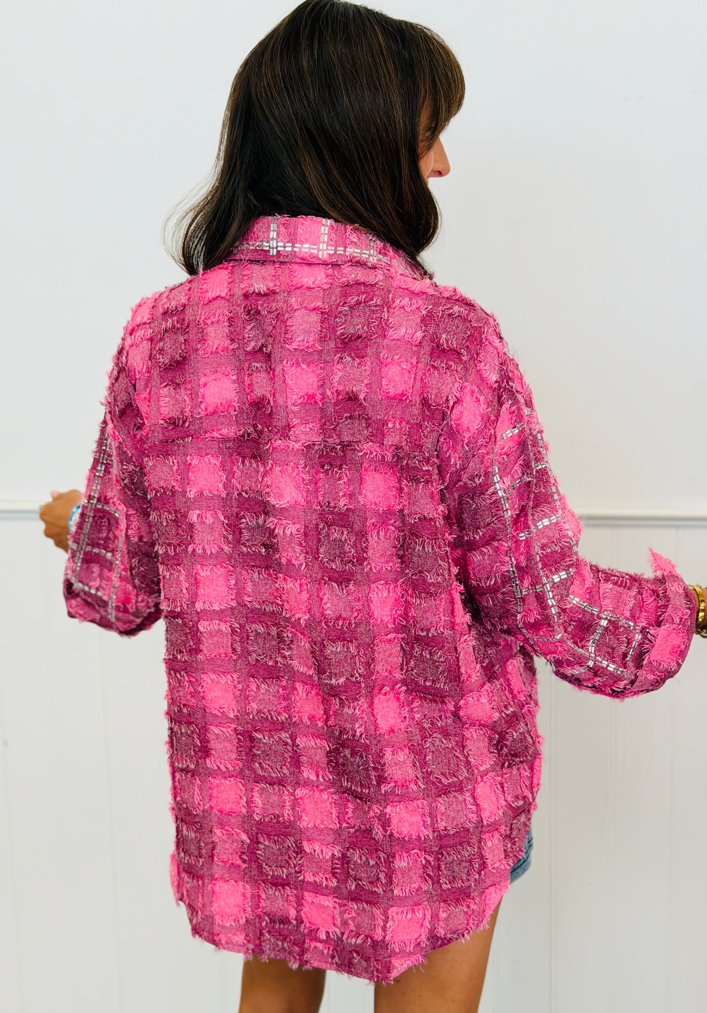 Pink Plaid Multi Crystal Shacket (One Size)