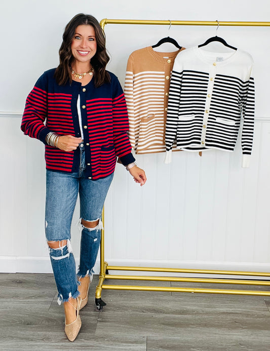 Striped Button Down Cardigan (Reg.) - 3 Colors