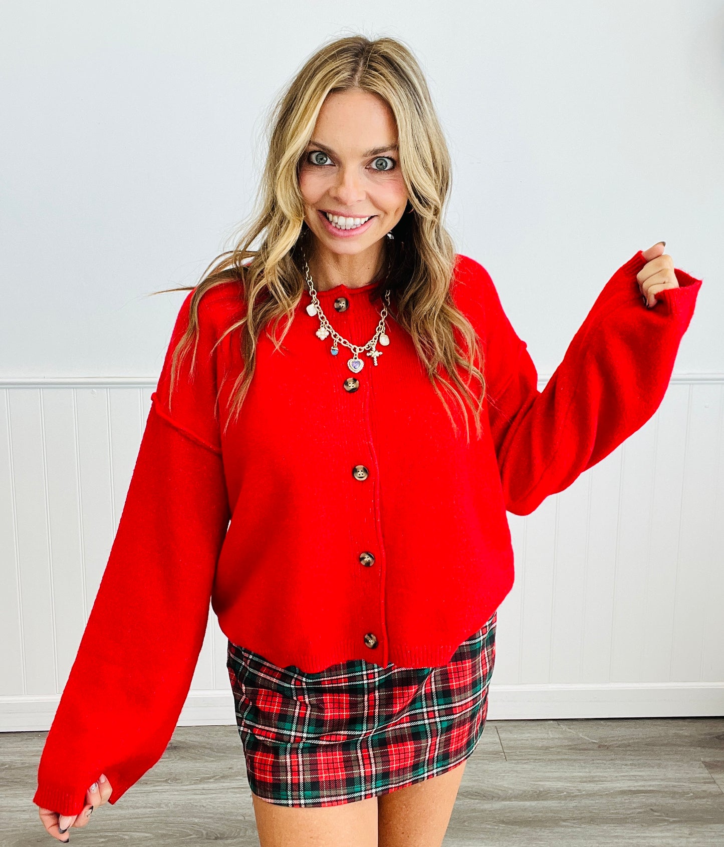 Red Button Down Sweater Cardigan (Reg.)