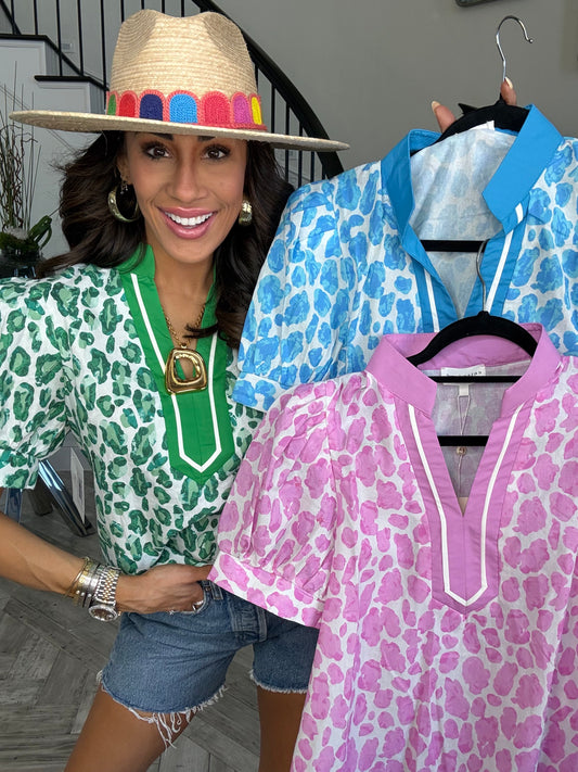 Puff Sleeve Water Color V-Neck Blouse (Reg. and Plus) - 3 Colors