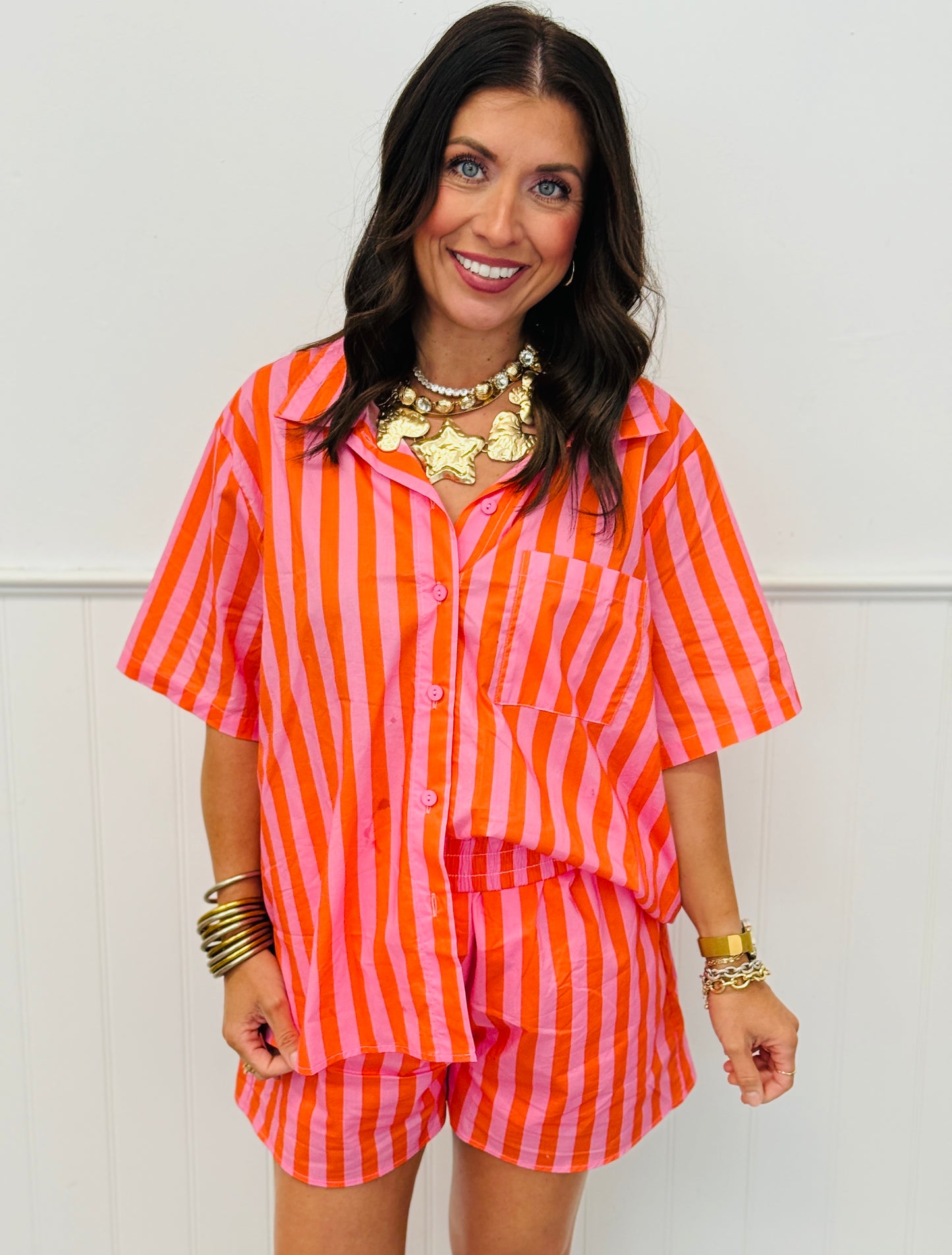 Pink Striped Button Up Top & Shorts Set (Reg.)