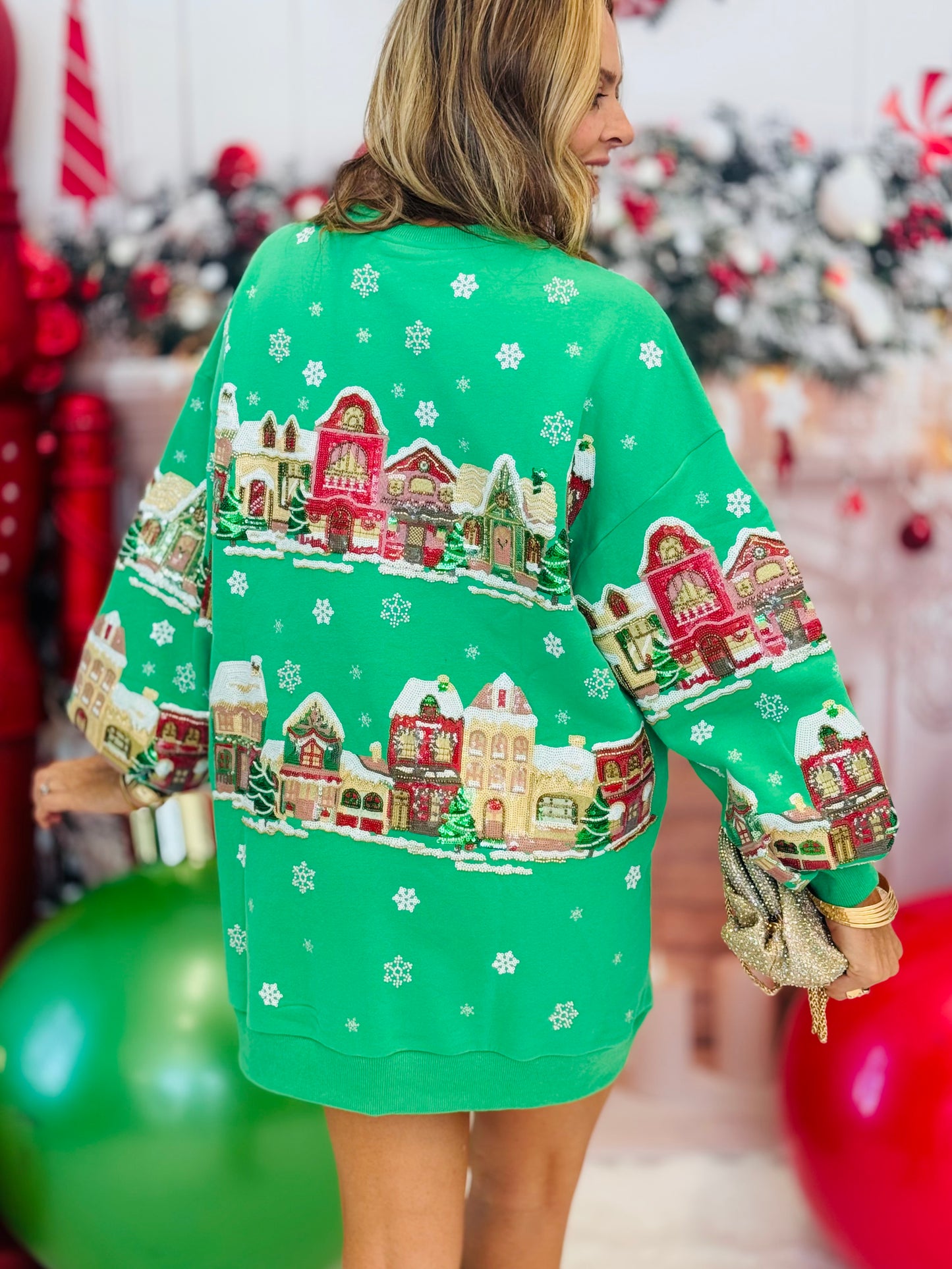 Queen Of Sparkles Green Snowy Christmas Village Sweatshirt Dress (Reg. and Plus)