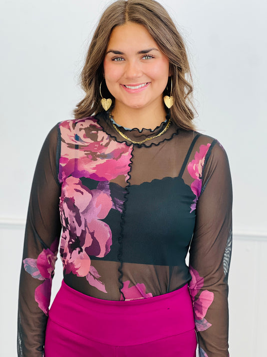 Black/Mauve Floral LS Mesh Top (Reg. and Plus)