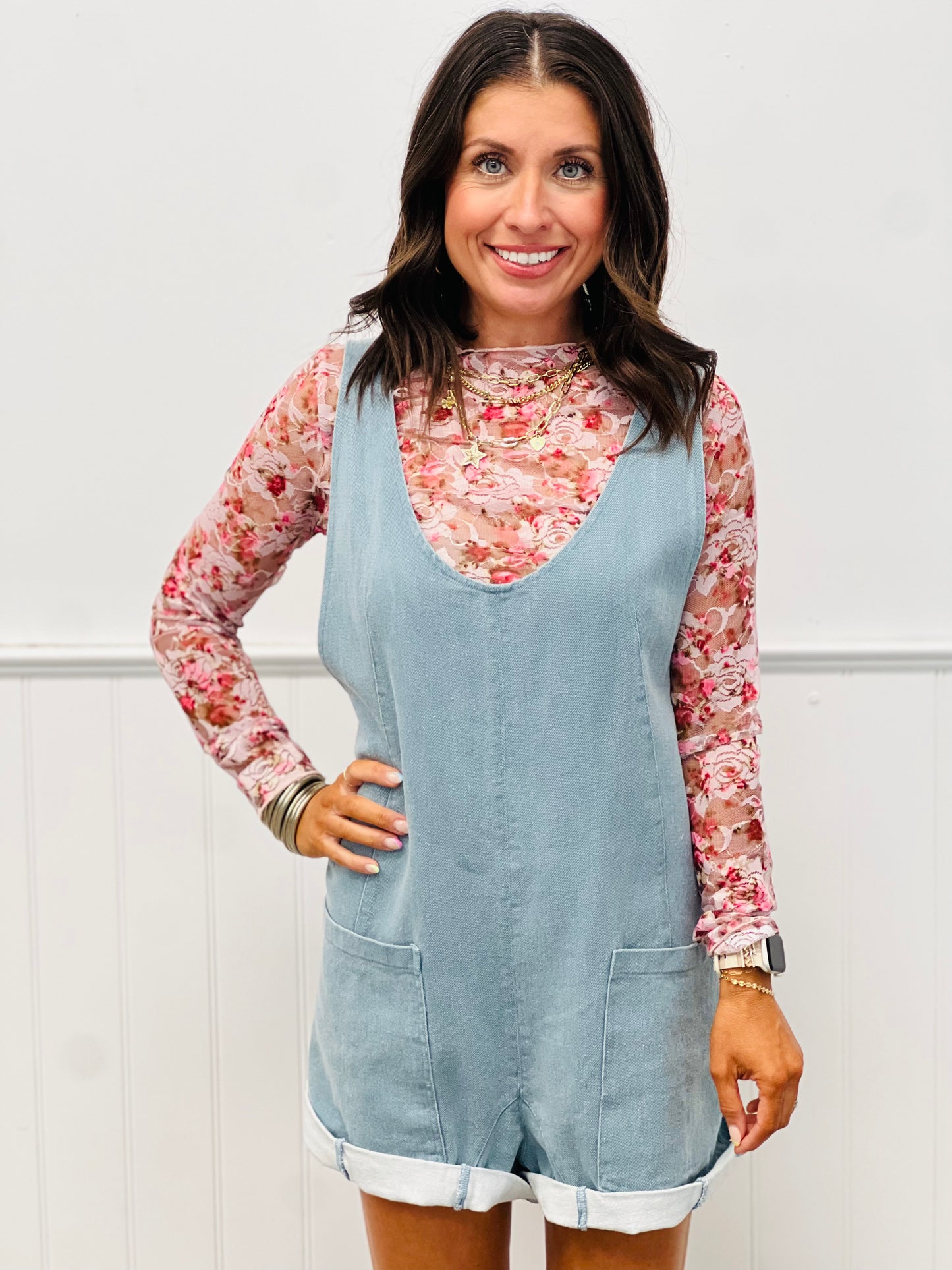 Light Blue V-Neck Pocket Detail Romper (Reg.)