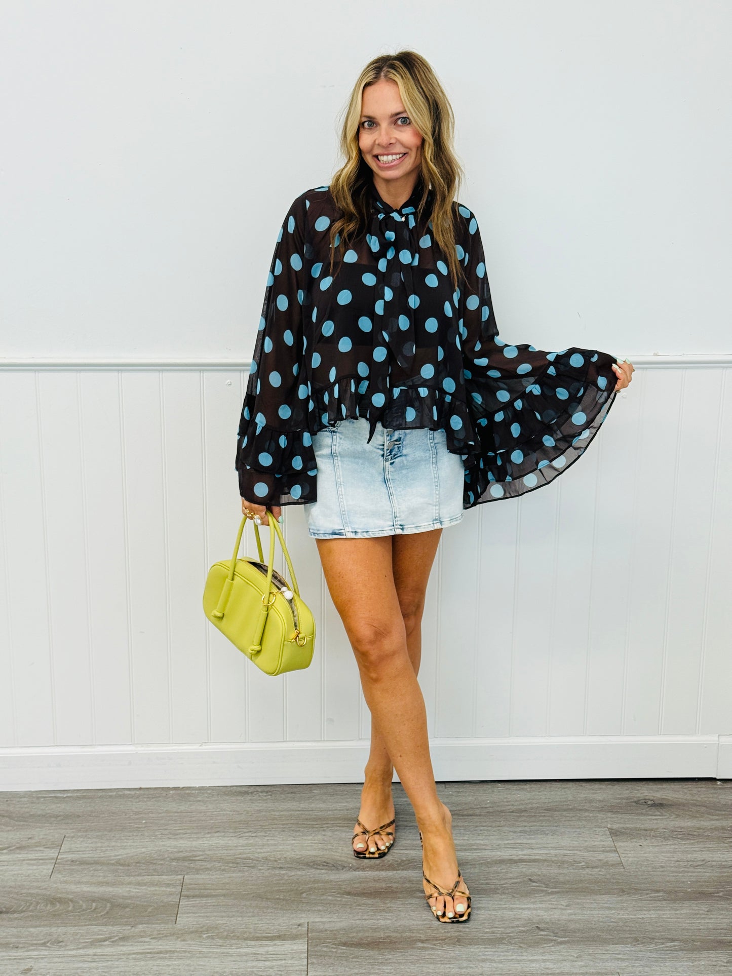 Brown/Light Blue Polka Dot Ruffled Chiffon Blouse (Reg & Plus)