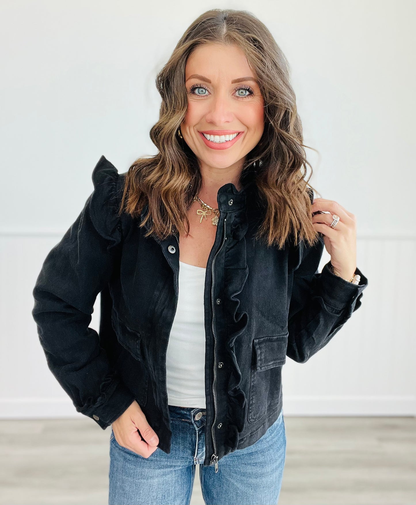 Black Ruffled Utility Jacket (Reg.)