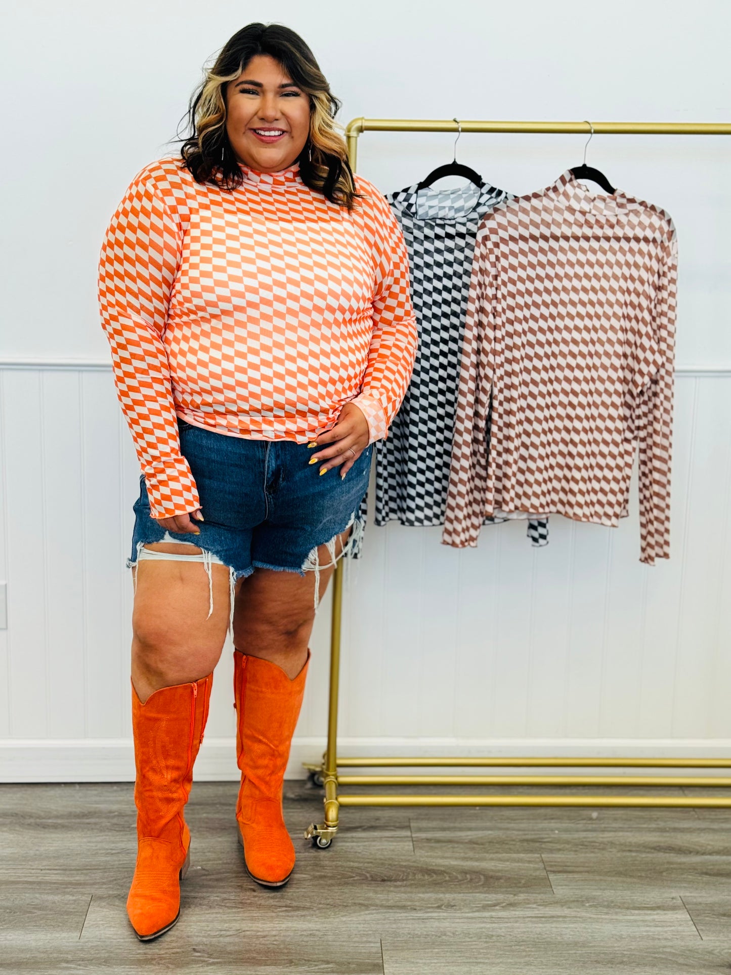 Checkered Mesh Long Sleeve Top (Reg & Plus)-3 Colors