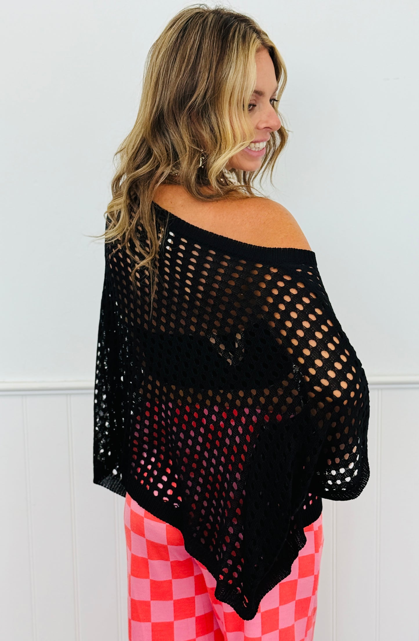 Black Open Knit Batwing Top (Reg. and Plus)