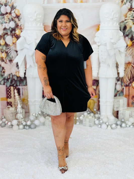 Black Gathered V-Neck Velvet Mini Dress (Reg. and Plus)