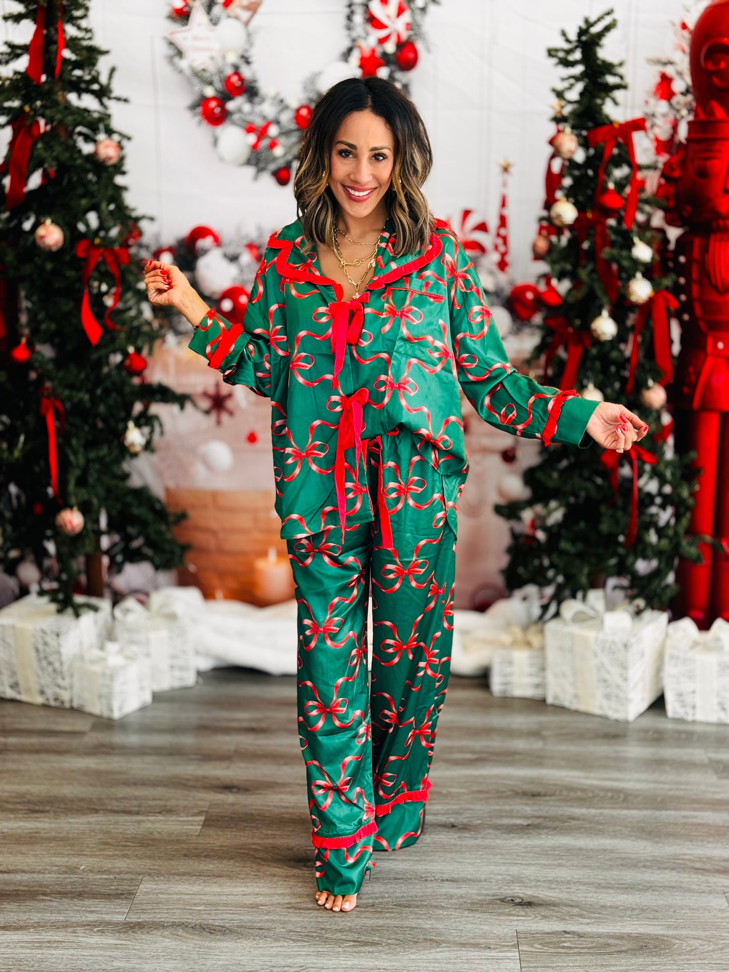 Bow Ties Print Satin Pajama Set (Reg)