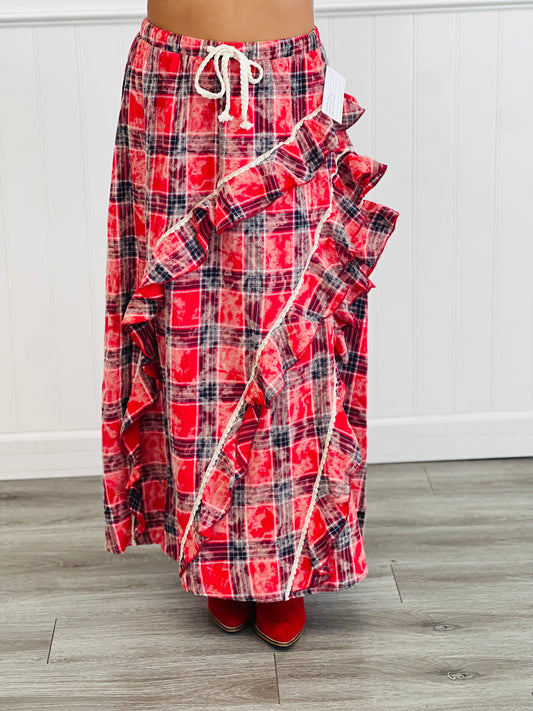 POL Red Plaid Ruffle Maxi Skirt (Reg.)