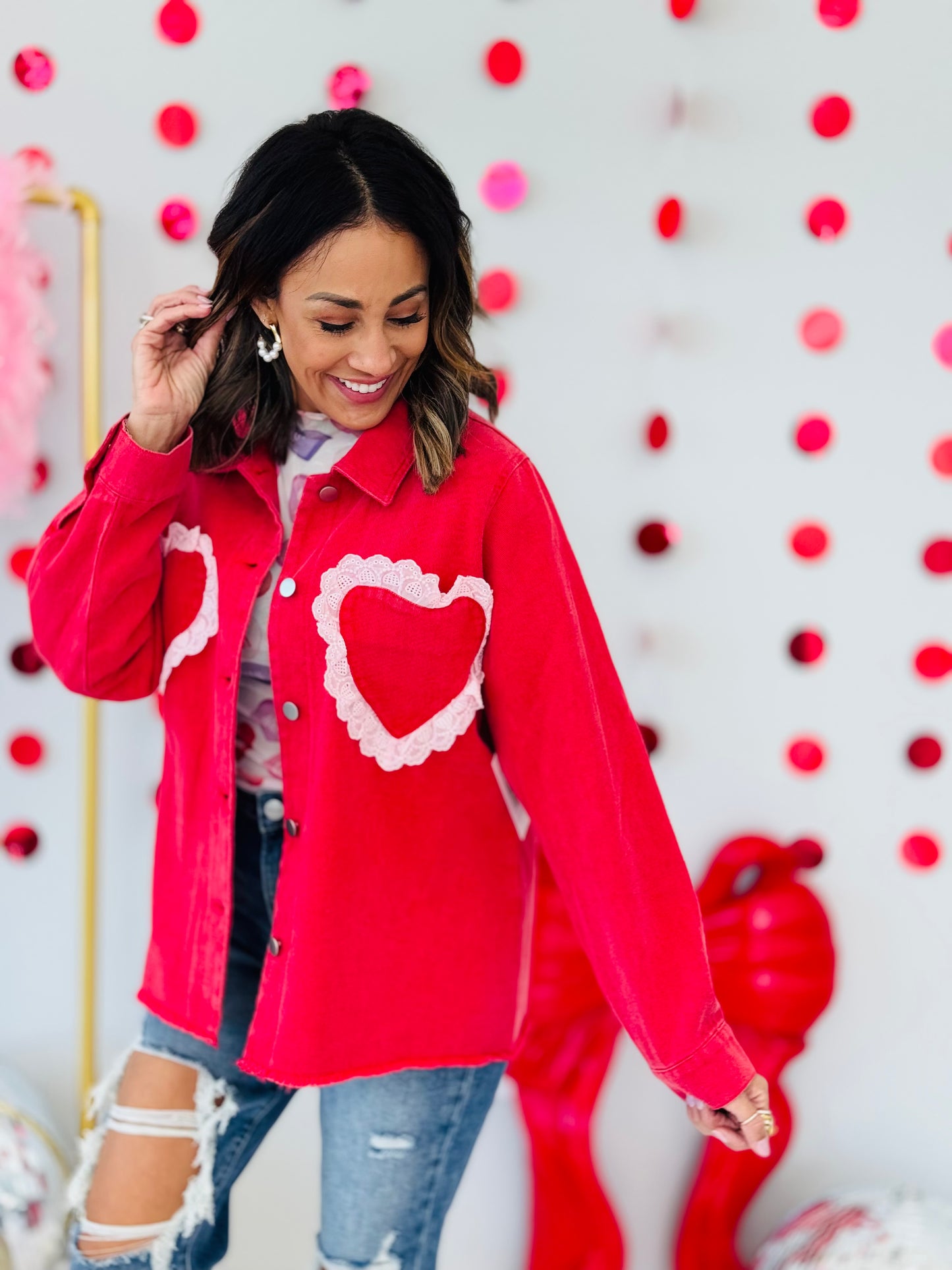 Red Lace Ruffle Hearts Pocket Shacket ( Reg. & Plus)