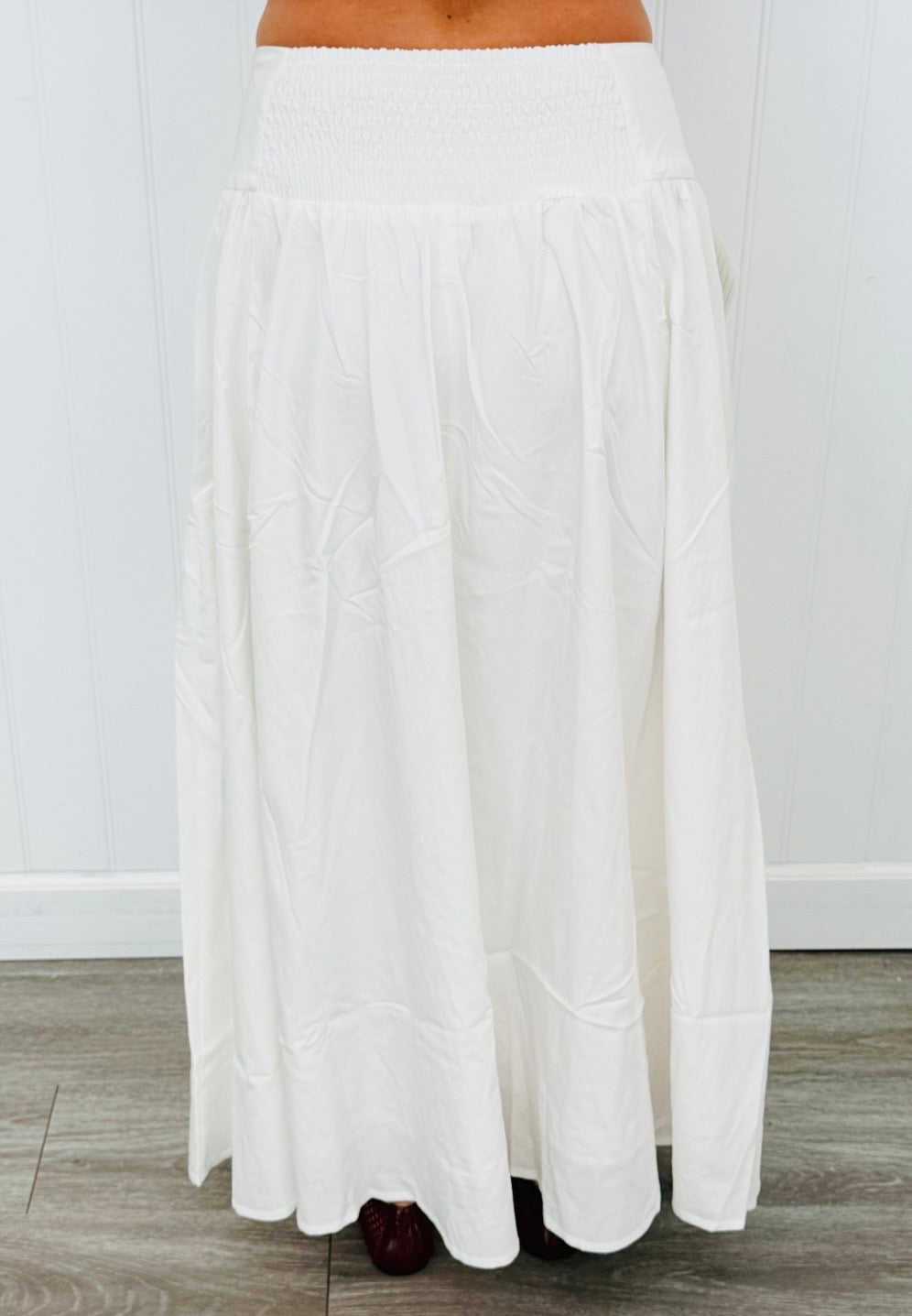 Off White Smocked Back Midi Skirt (Reg. and Plus)
