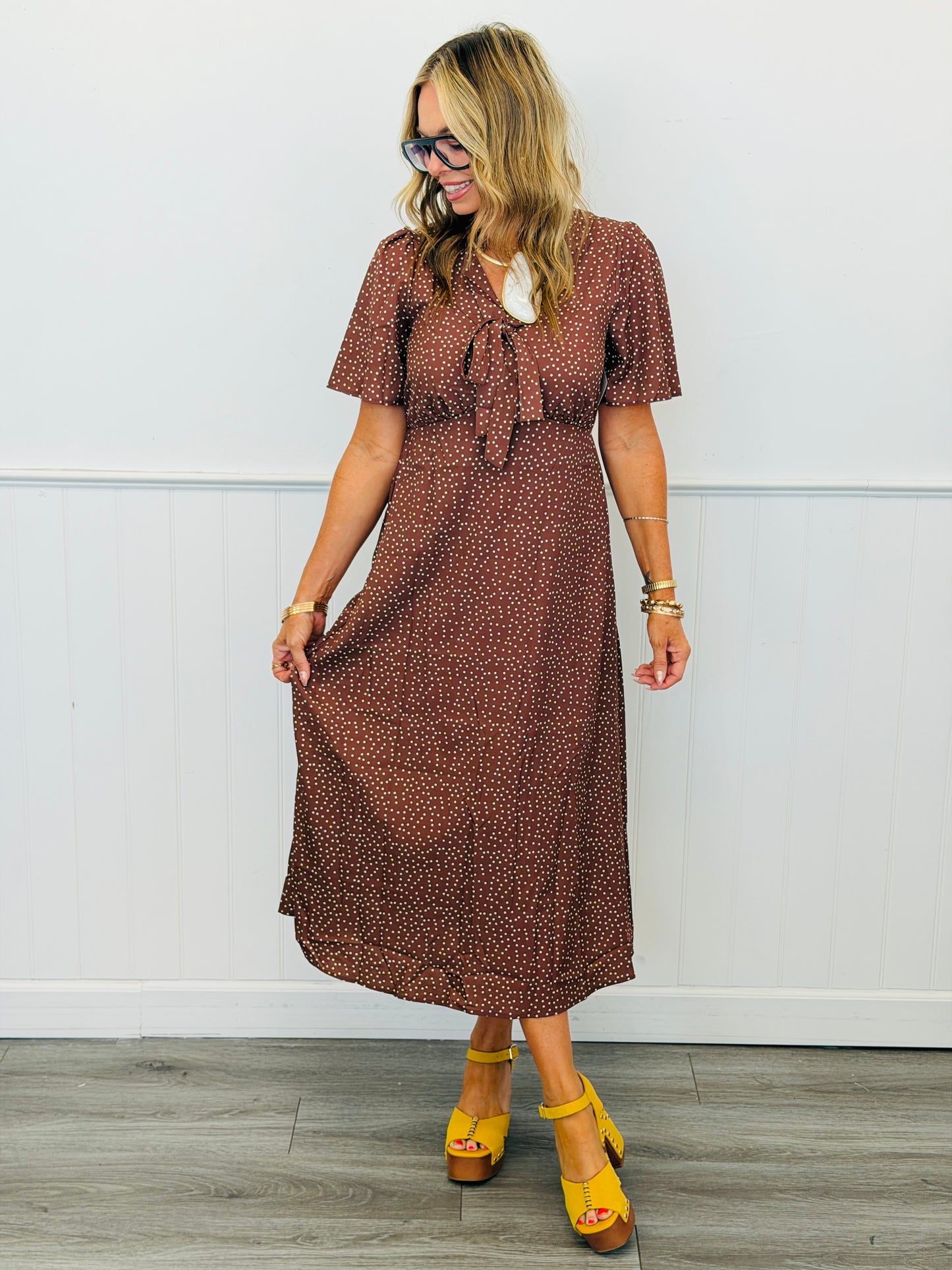 Mocha/Ivory Polka Dot Print Midi Dress (Reg & Plus)