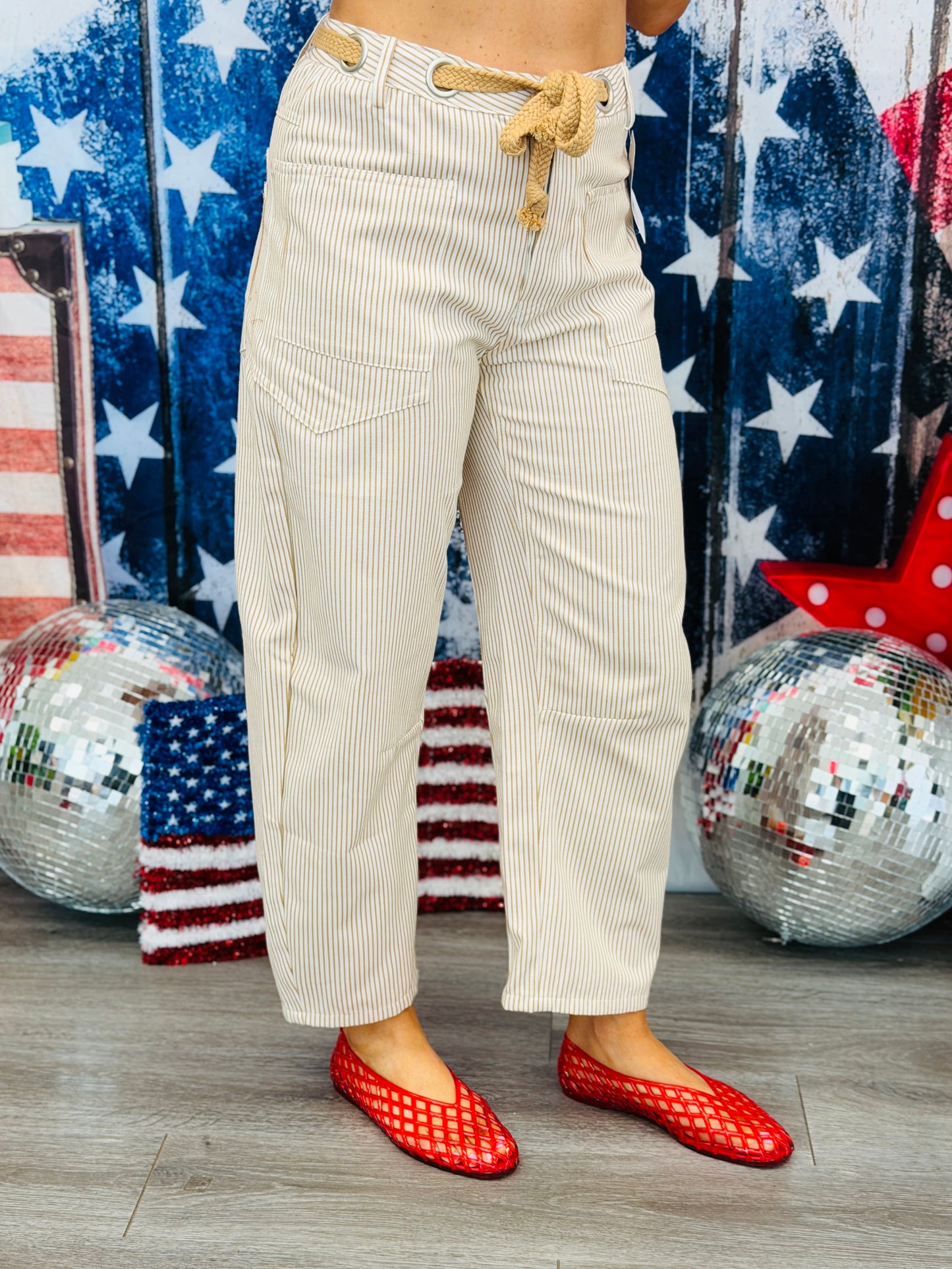 Taupe Striped Grommet Waist Tie Barrel Pants (Reg.)