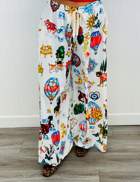 White Multi Icon Palazzo Pants (One Size)