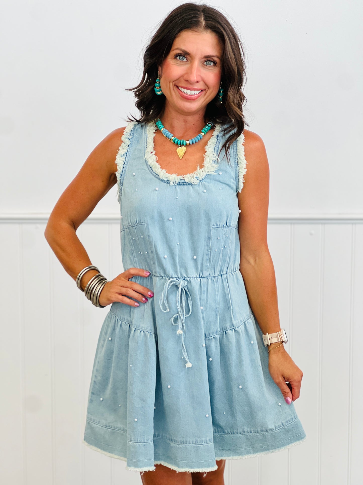 Light Denim Pearl Studded Mini Dress (Reg.)