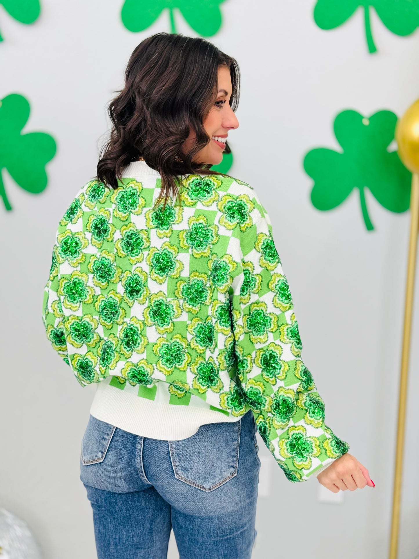 Queen Of Sparkles Checkered Sequin Shamrock Cardigan (Reg. & Plus)