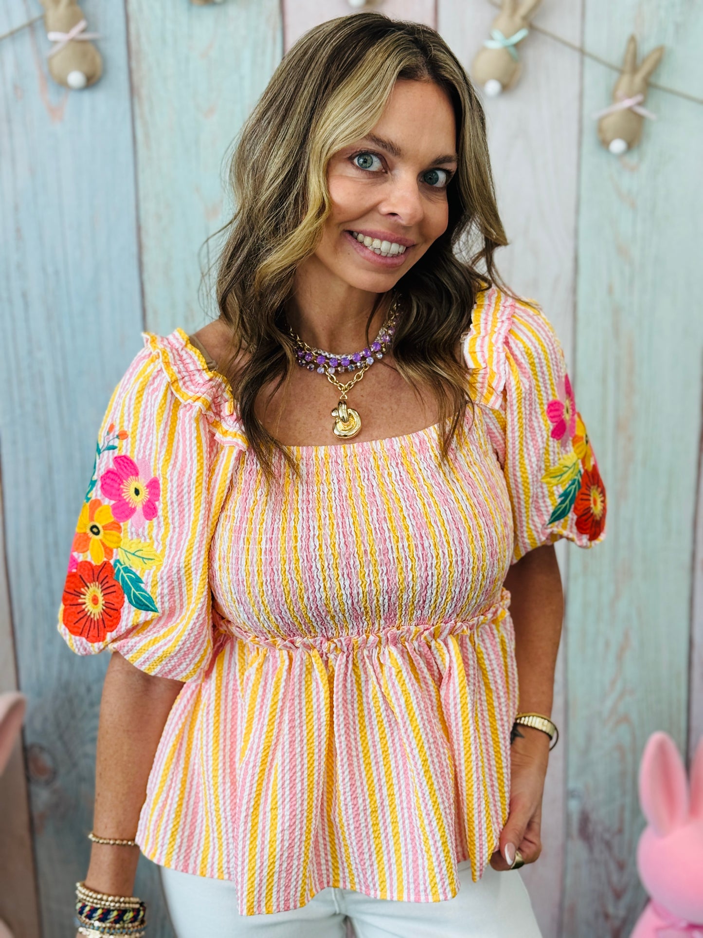 Pink Textured Striped & Floral Detailed Top (Reg. and Plus)