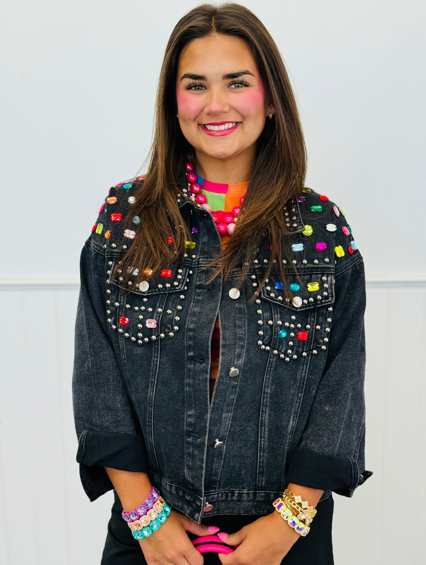Black Denim Studded Jewels Button Up Jacket (Reg. and Plus)