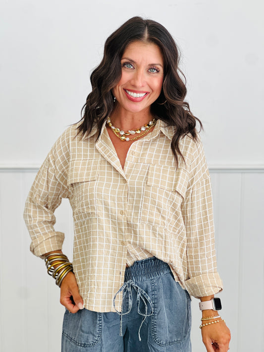 Taupe Seersucker Button Down Top (Reg.)